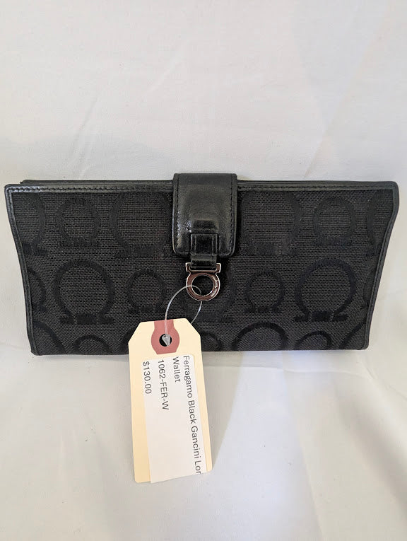 Ferragamo Black Gancini Canvas Long Wallet