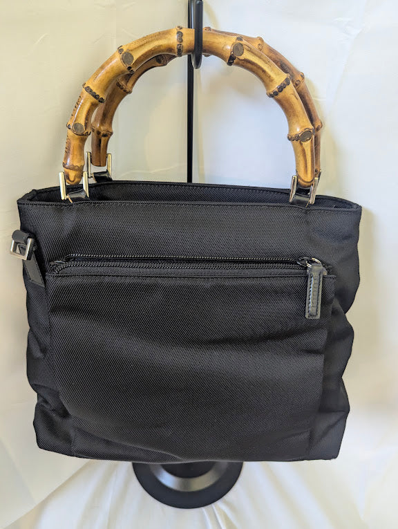 Gucci Black Bamboo Handle Nylon Handbag