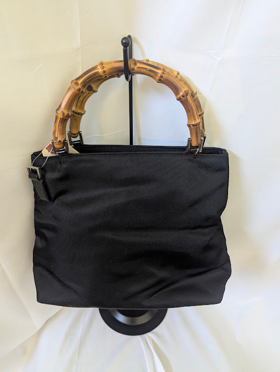 Gucci Black Bamboo Handle Nylon Handbag