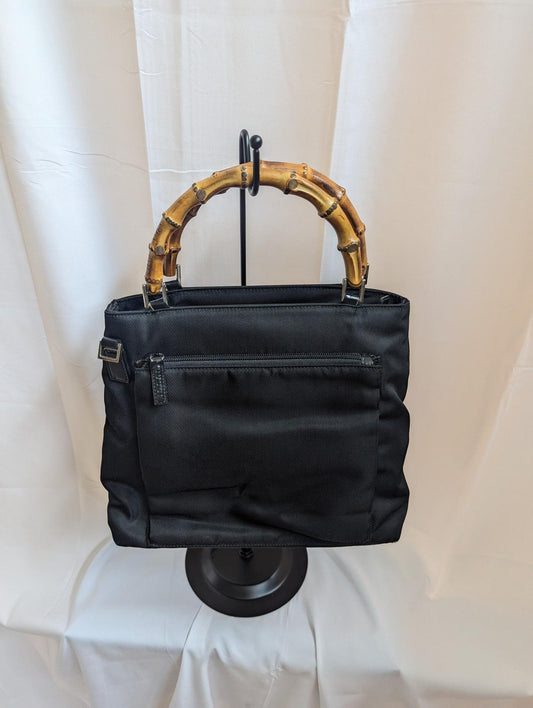 Gucci Black Bamboo Handle Nylon Handbag