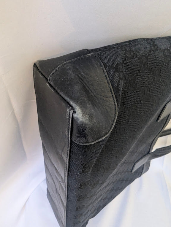 Gucci Black GG Canvas Handbag with Leather Straps and Trim