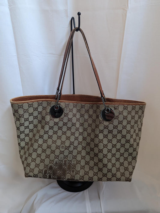 Gucci GG Canvas with Tan Leather Straps and Trim Tote