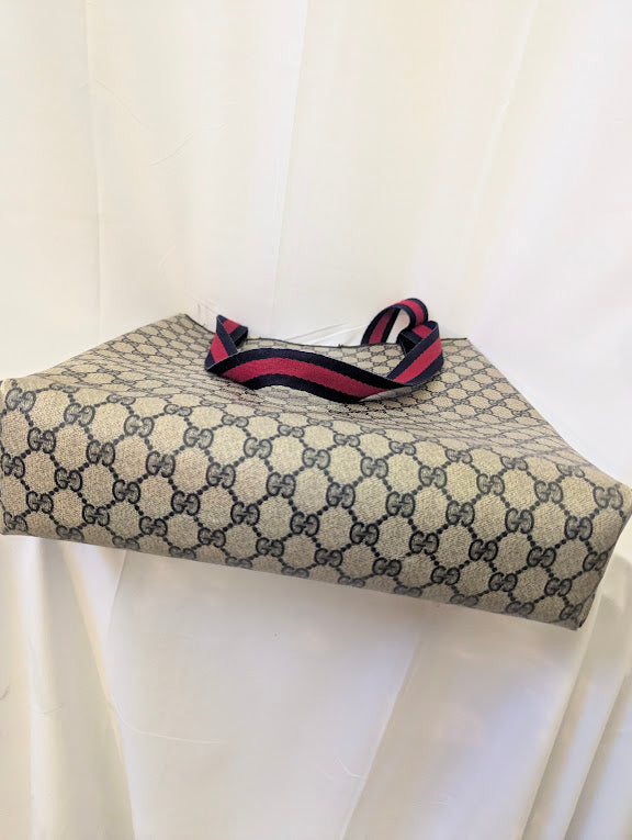 Gucci Coated Canvas with Navy Leather Accents and Navy and Red Straps with Front Packet Tote