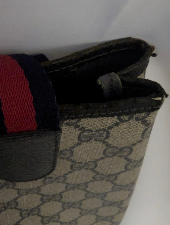Gucci Coated Canvas with Navy Leather Accents and Navy and Red Straps with Front Packet Tote
