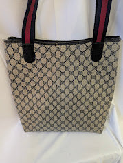 Gucci Coated Canvas with Navy Leather Accents and Navy and Red Straps with Front Packet Tote