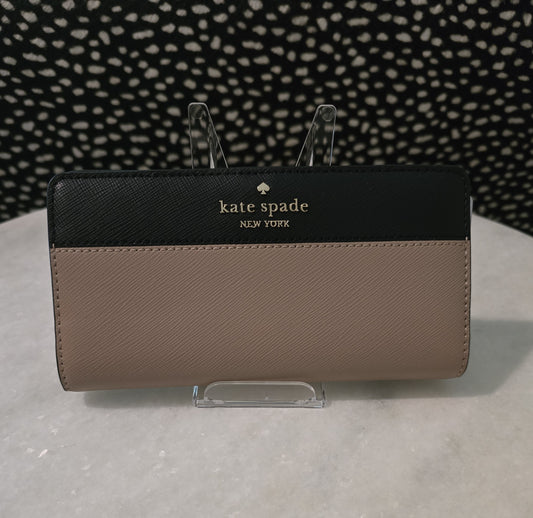 Kate Spade Madison Large Slim Bifold Black/Tan Wallet - NEW