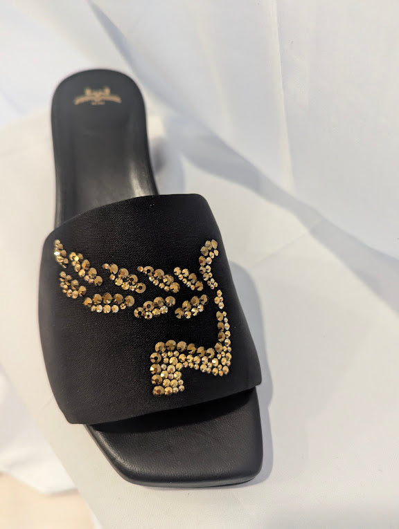 MCM Black & Gold Strass Logo Heel Sandals Size 9