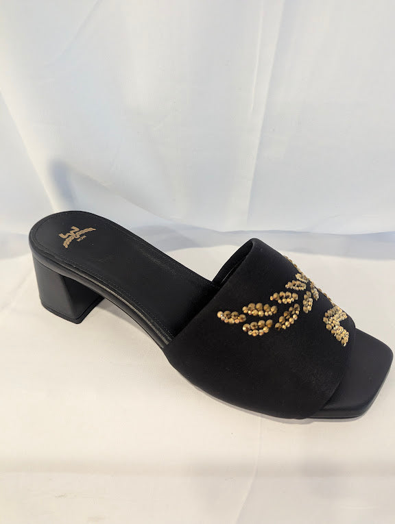 MCM Black & Gold Strass Logo Heel Sandals Size 9