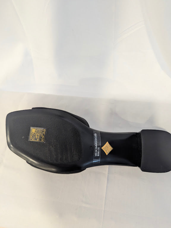 MCM Black & Gold Strass Logo Heel Sandals Size 9
