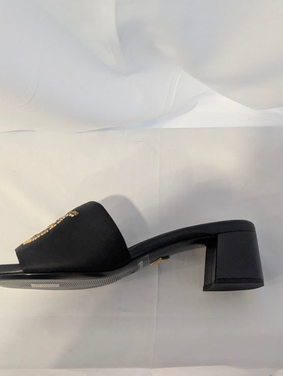 MCM Black & Gold Strass Logo Heel Sandals Size 9