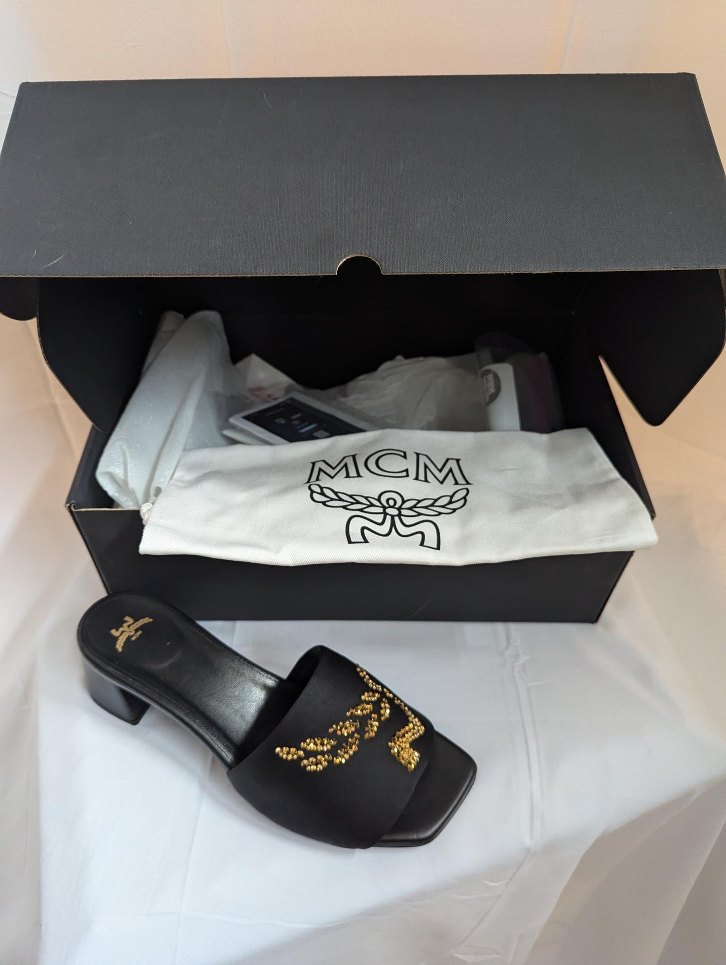 MCM Black & Gold Strass Logo Heel Sandals Size 9