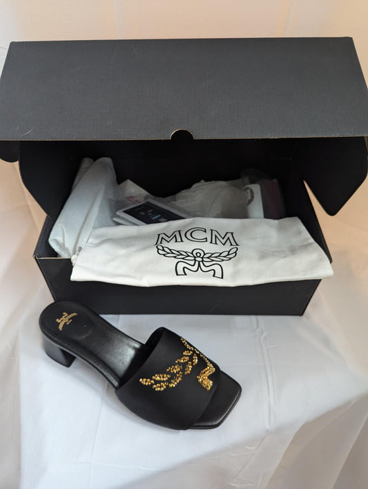MCM Black & Gold Strass Logo Heel Sandals Size 9