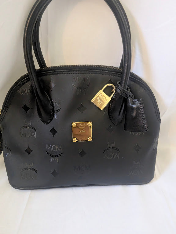 MCM Small Black Visetos Coated Canvas Handbag with Leather Handles
