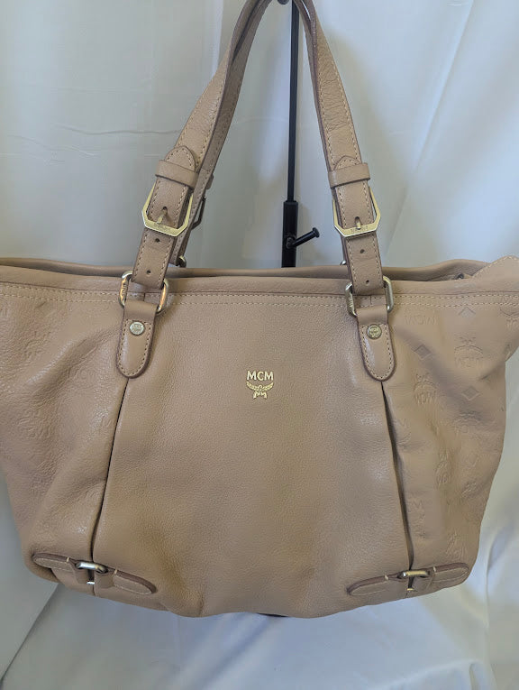 MCM Beige Leather with Embossed Logo Print Handbag