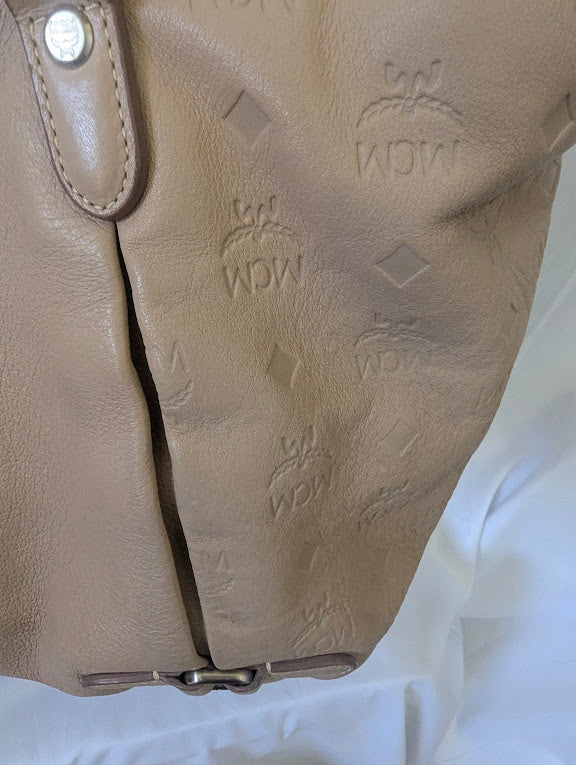 MCM Beige Leather with Embossed Logo Print Handbag