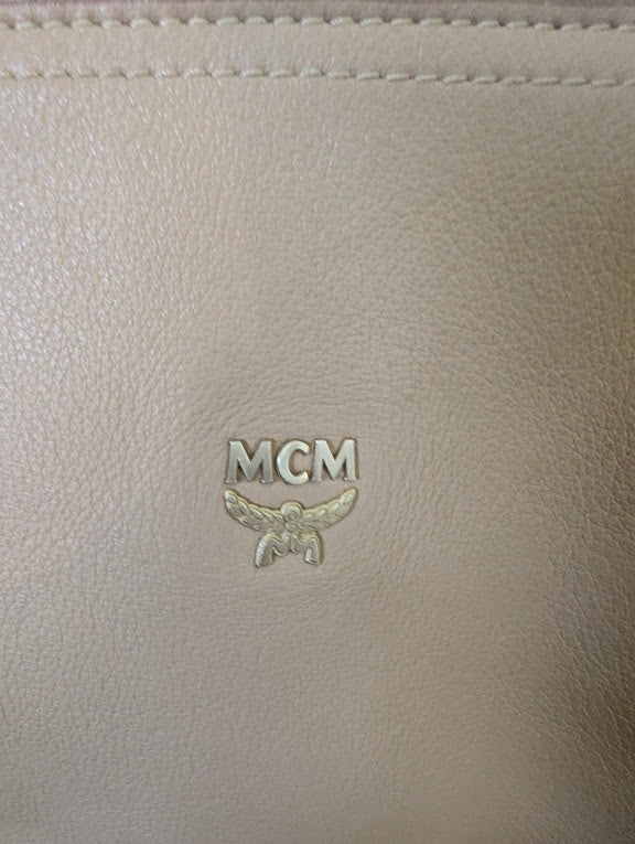 MCM Beige Leather with Embossed Logo Print Handbag