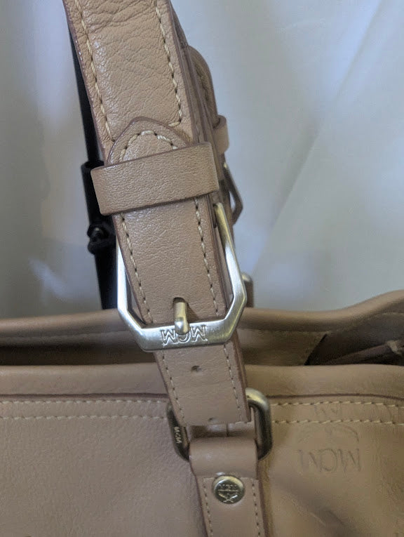 MCM Beige Leather with Embossed Logo Print Handbag