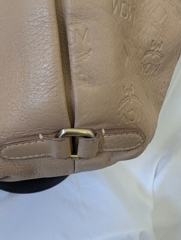 MCM Beige Leather with Embossed Logo Print Handbag