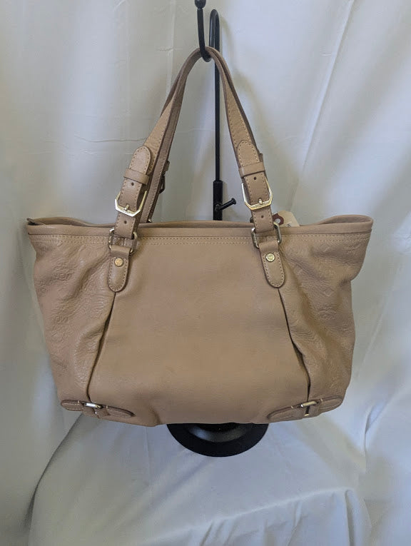 MCM Beige Leather with Embossed Logo Print Handbag