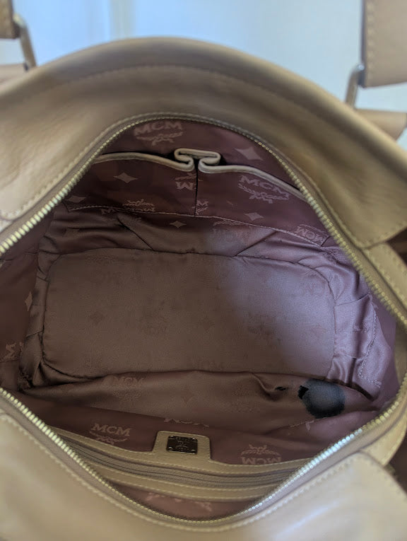 MCM Beige Leather with Embossed Logo Print Handbag
