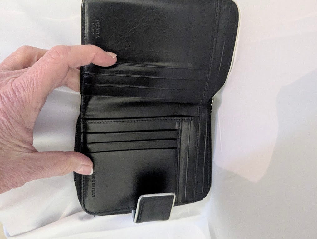 Prada Black with Cream Piping Wallet in Box