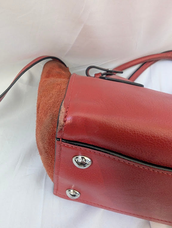 Prada Glace Calf and Suede Mini Red Handbag with Crossbody Strap