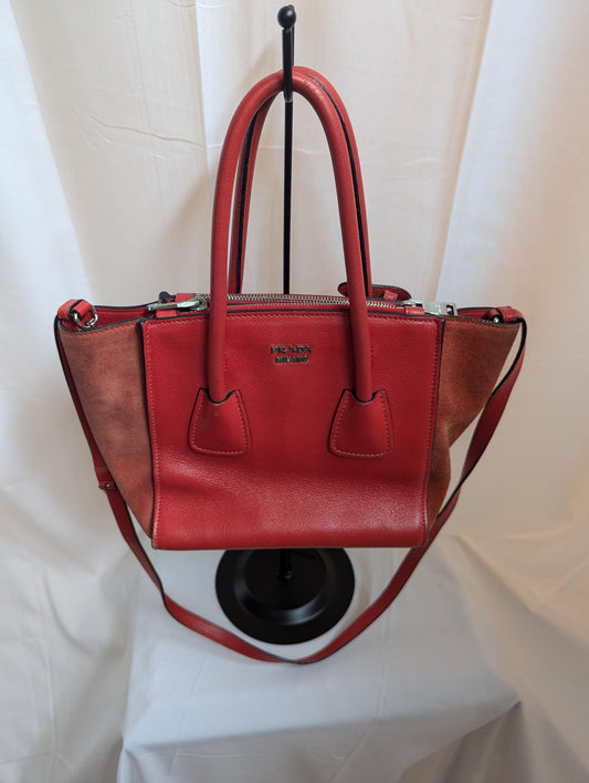 Prada Glace Calf and Suede Mini Red Handbag with Crossbody Strap