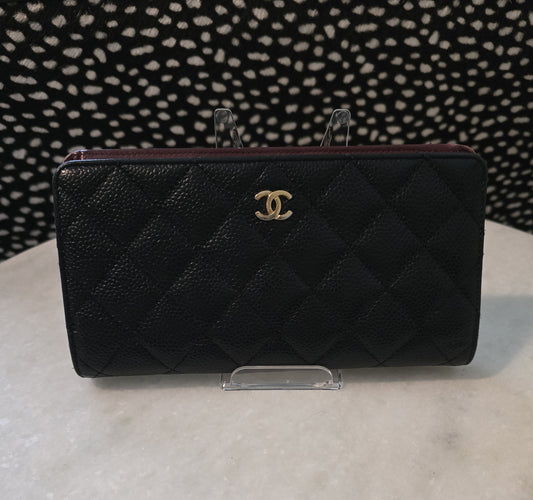 CHANEL Black Caviar Quilted Wallet W/ Chain