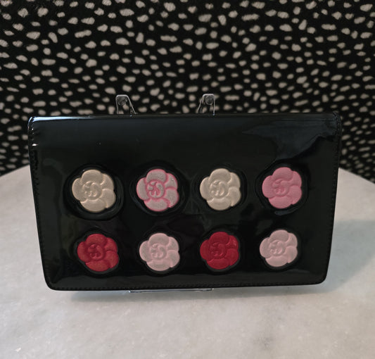 Chanel Black Patent Colored Camillia Flowers Series 12 Wallet in Box
