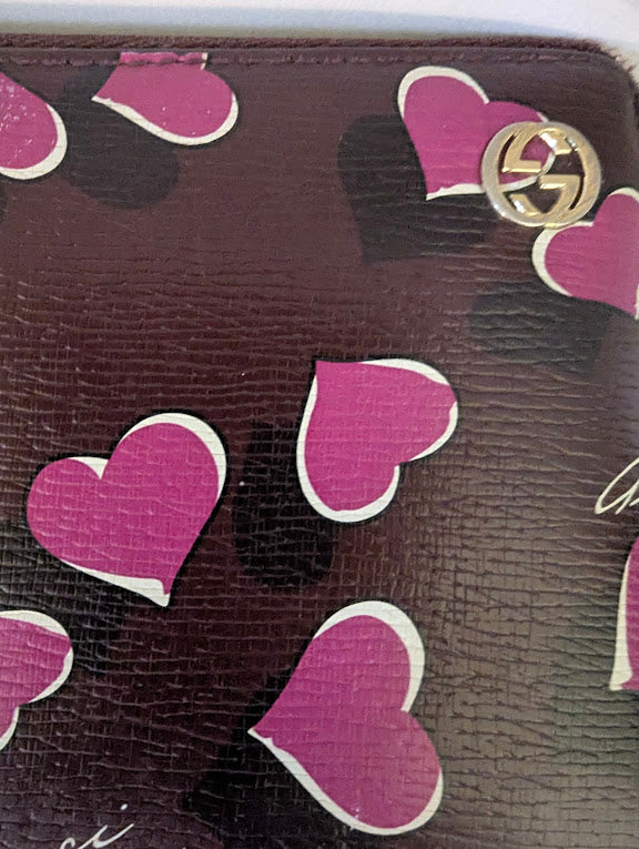 Gucci Pink Hearts Zip Around Wallet