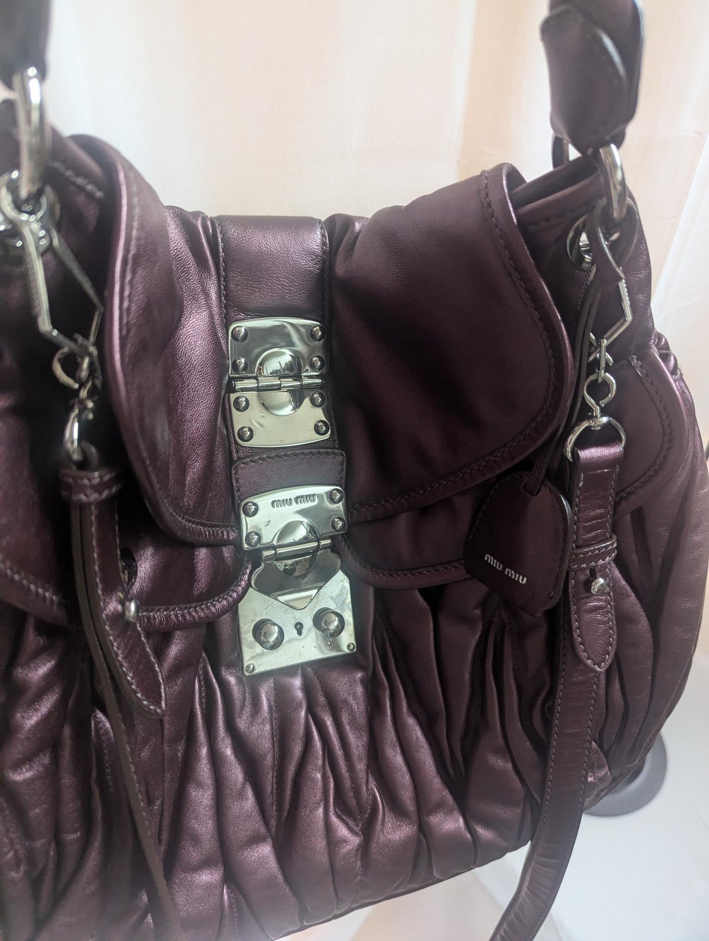 Miu Miu Purple Ruched Leather Handbag