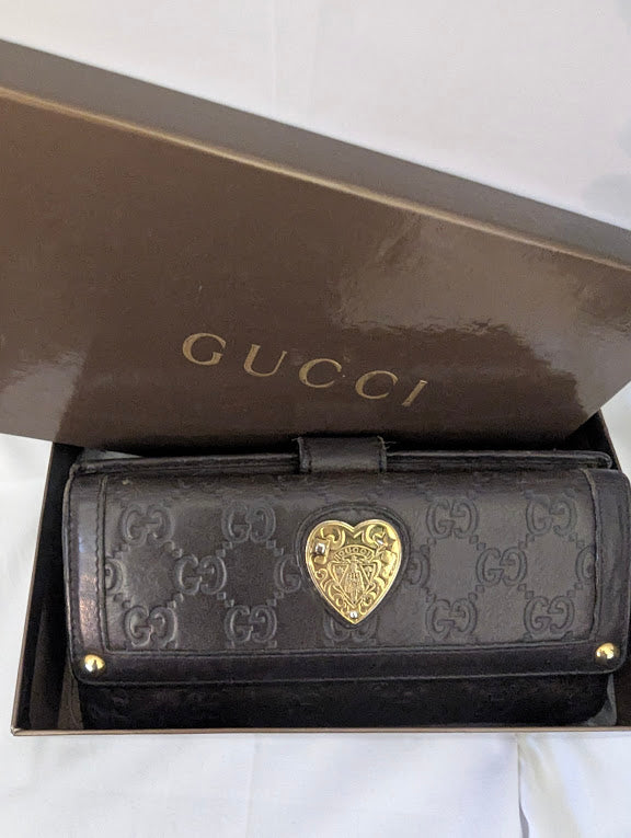 Gucci Dark Brown GG with Gold Metal Heart Wallet in Box