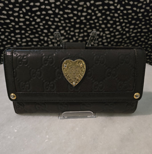 Gucci Dark Brown with Gold Metal Heart Wallet in Box