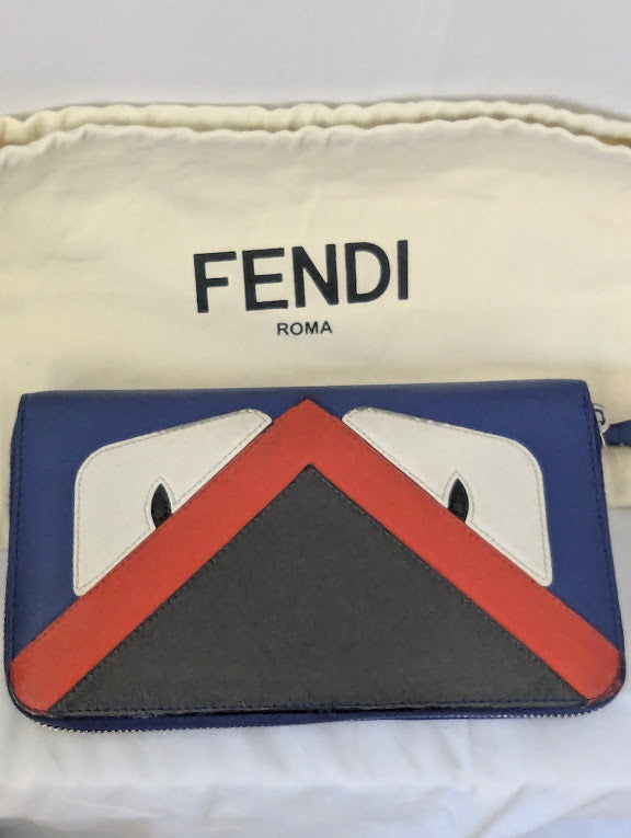 Fendi Navy Leather Monster Eyes Continental Zippy Wallet