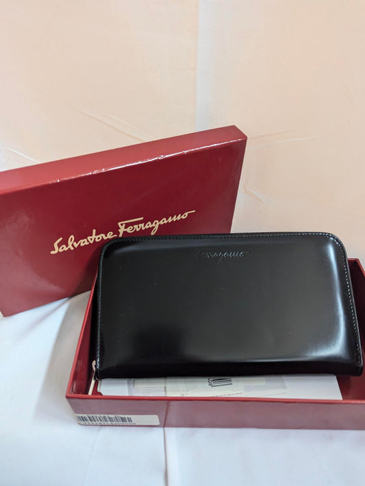 Ferragamo Black Zippy Wallet in Box