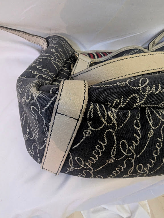 Gucci Script Logo Black Canvas Calfskin Hobo Shoulder Bag