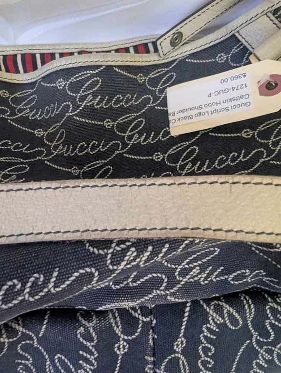 Gucci Script Logo Black Canvas Calfskin Hobo Shoulder Bag