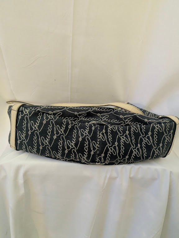 Gucci Script Logo Black Canvas Calfskin Hobo Shoulder Bag