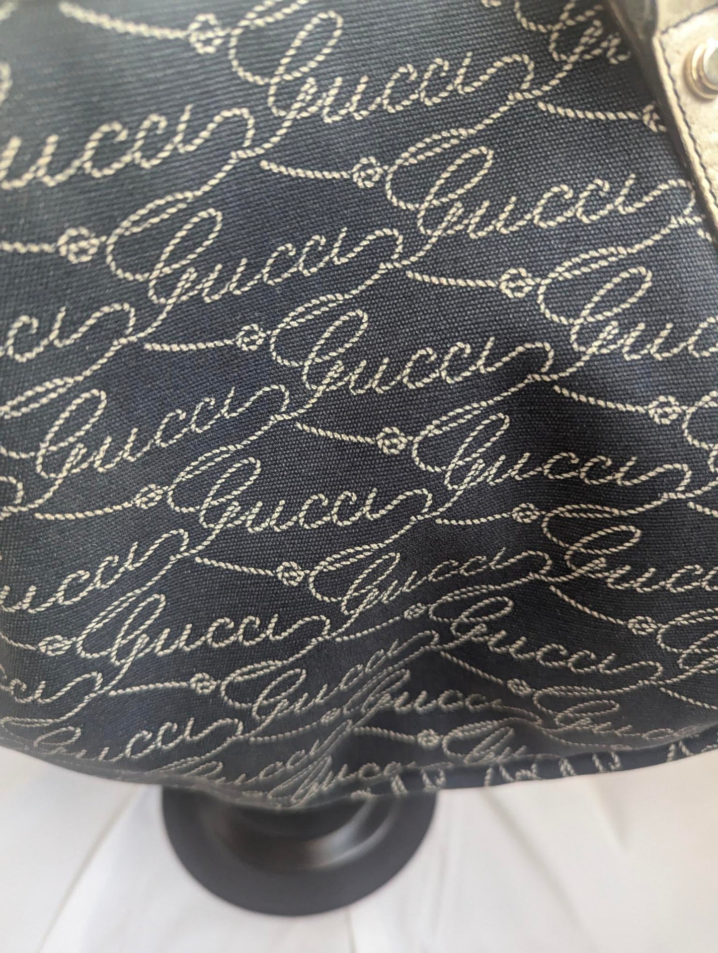 Gucci Script Logo Black Canvas Calfskin Hobo Shoulder Bag