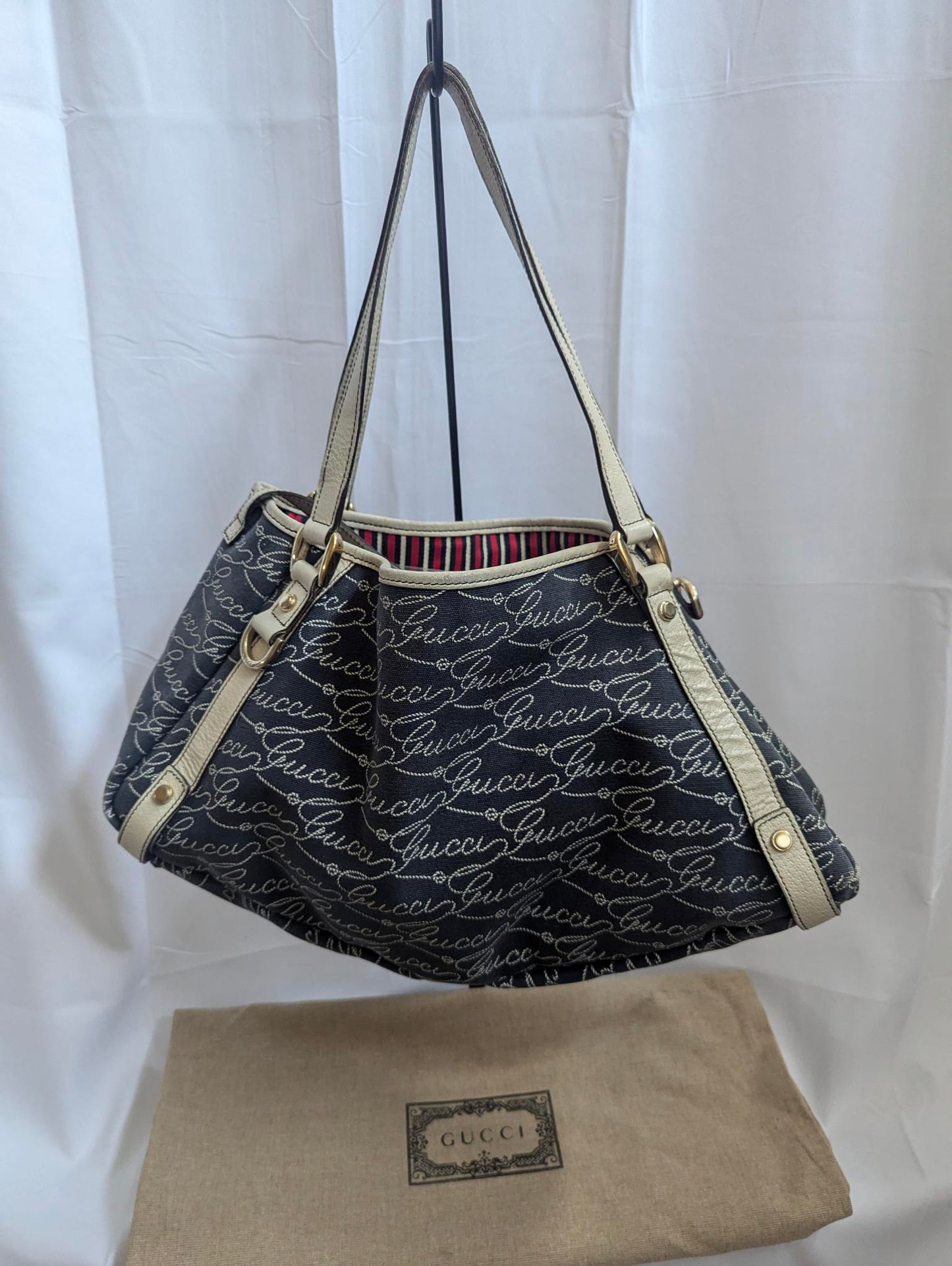 Gucci Script Logo Black Canvas Calfskin Hobo Shoulder Bag