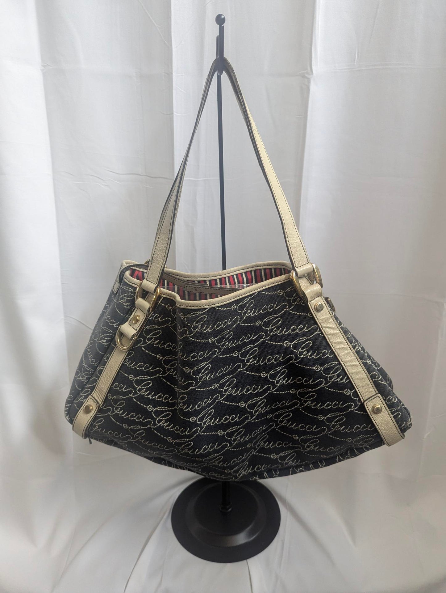 Gucci Script Logo Black Canvas Calfskin Hobo Shoulder Bag