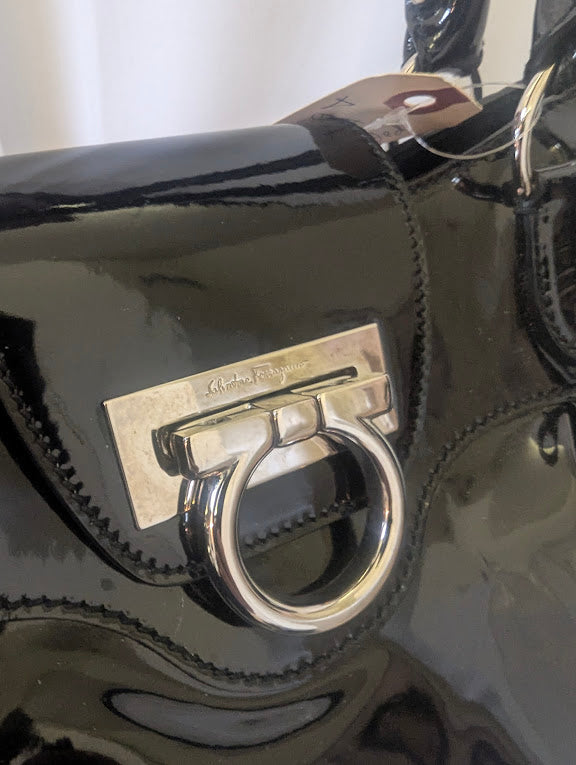 Ferragamo Black Patent Leather Gancini Handbag