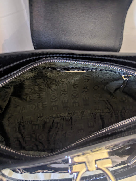 Ferragamo Black Patent Leather Gancini Handbag