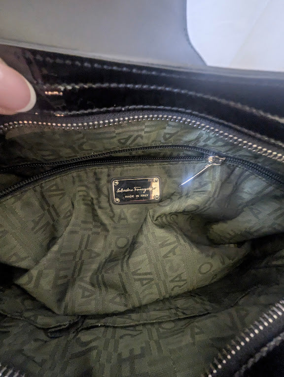 Ferragamo Black Patent Leather Gancini Handbag