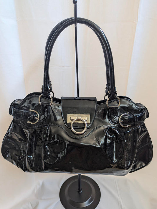 Ferragamo Black Patent Leather Gancini Handbag