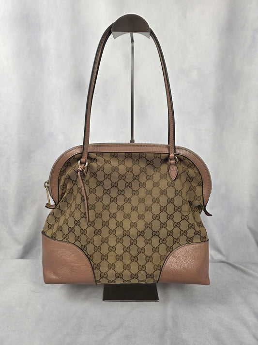 GUCCI MEDIUM GG CANVAS BREE DOME TOTE WITH PINK LEATHER TRIM