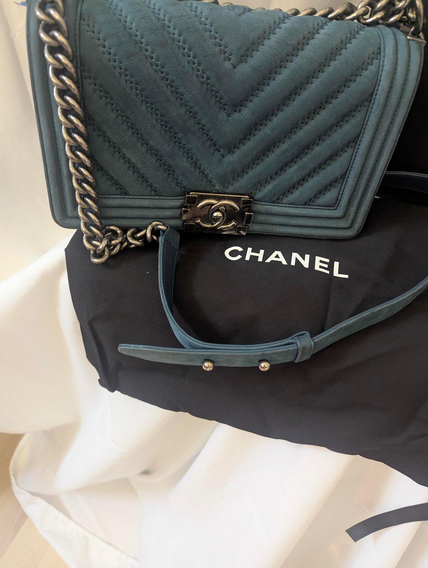 Chanel Cheveron Teal Blue Boy Bag with Suede Chevron Pattern and Silver Chain
