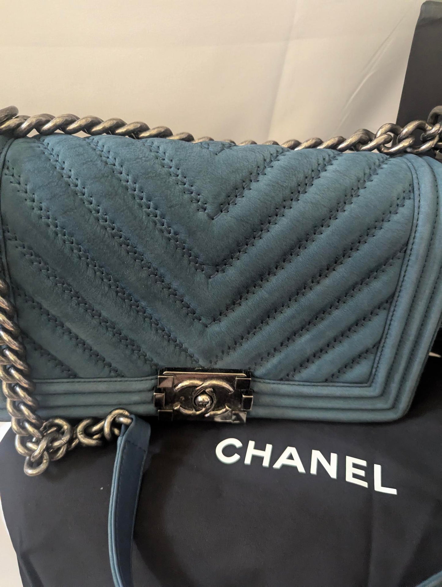 Chanel Cheveron Teal Blue Boy Bag with Suede Chevron Pattern and Silver Chain