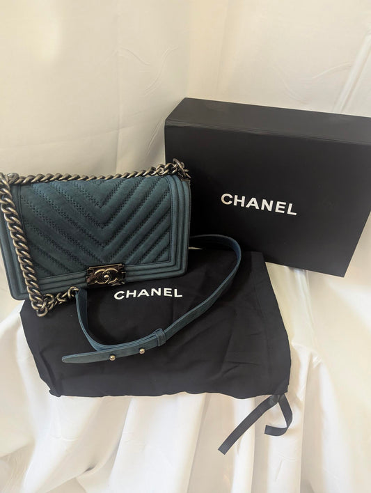 Chanel Cheveron Teal Blue Boy Bag with Suede Chevron Pattern and Silver Chain