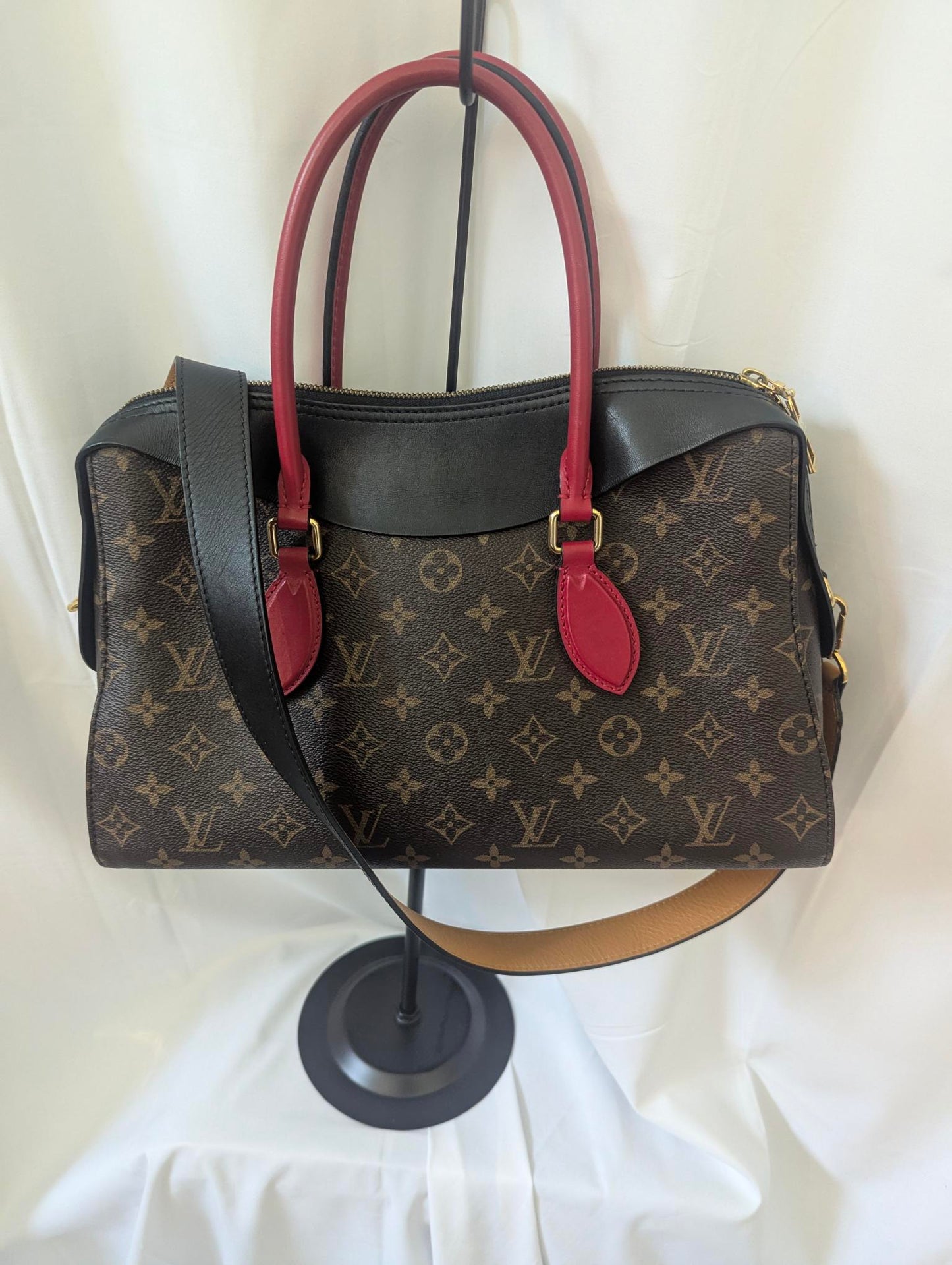 Louis Vuitton Audrey Brown Monogram Coated Canvas with Red and Black Calfskin Accents Shoulder Bag